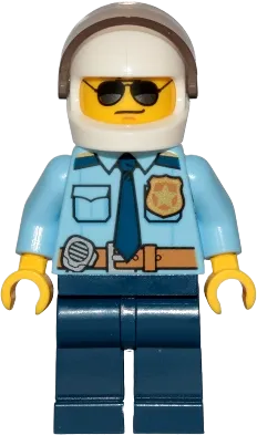 City Officer Shirt - Dark Blue Tie and Gold Badge, Dark Tan Belt with Radio, Dark Blue Legs, White Helmet, Sunglasses minifigure