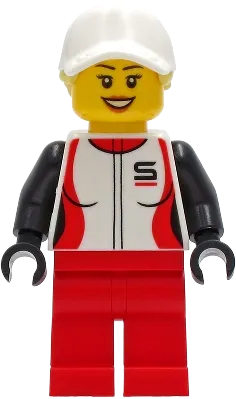 Woman - Red and White Race Jacket, Red Legs, White Cap with Bright Light Yellow Hair minifigure