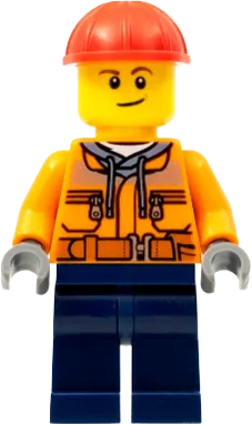 Construction Worker - Male, Orange Safety Jacket, Reflective Stripe, Sand Blue Hoodie, Dark Blue Legs, Red Construction Helmet, Lopsided Smile minifigure