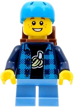 Skateboarder - Boy, Banana Shirt, Dark Azure Helmet, Backpack, Medium Blue Short Legs minifigure
