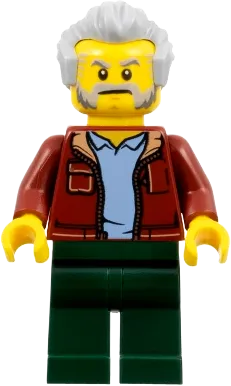 Man - Dark Red Jacket with Bright Light Blue Shirt, Dark Green Legs, Light Bluish Gray Hair, Beard and Sideburns (Rescue Helicopter Transport Driver) minifigure
