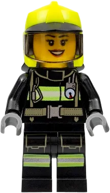 Fire - Female, Black Jacket and Legs with Reflective Stripes, Neon Yellow Fire Helmet, Trans-Brown Visor minifigure