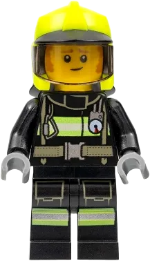 Fire - Fireman Clemmons, Reflective Stripes with Utility Belt, Black Legs, Neon Yellow Fire Helmet, Trans-Brown Visor, Sideburns minifigure