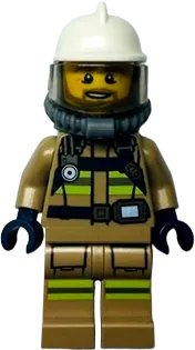 Fire - Reflective Stripes, Dark Tan Suit, White Fire Helmet, Open Mouth with Beard, Breathing Neck Gear with Blue Air Tanks minifigure