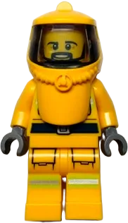 Fire - Reflective Stripes, Bright Light Orange Suit and Hood Hazard with Trans-Brown Face Shield, Beard minifigure