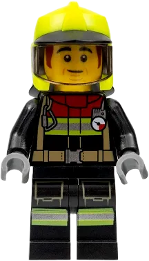 Fire - Male, Black Jacket and Legs with Reflective Stripes and Red Collar, Neon Yellow Fire Helmet, Trans-Black Visor, Dark Orange Sideburns (Bob) minifigure