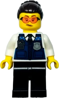 Officer Gracie Goodhart - Dark Blue Vest, Black Legs, Dark Brown Hair with Bun, Safety Glasses minifigure