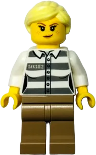 Jail Prisoner 50382 Prison Stripes - Female, Dark Tan Legs, Smirk with Peach Lips, and Bright Light Yellow Ponytail minifigure