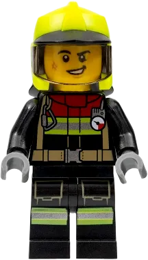 Fire - Male, Black Jacket and Legs with Reflective Stripes and Red Collar, Neon Yellow Fire Helmet, Trans-Black Visor minifigure