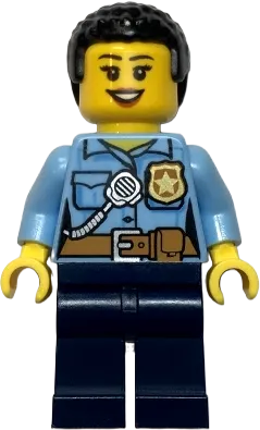 City Officer Female - Bright Light Blue Shirt with Badge and Radio, Dark Blue Legs, Short Black Curly Hair minifigure