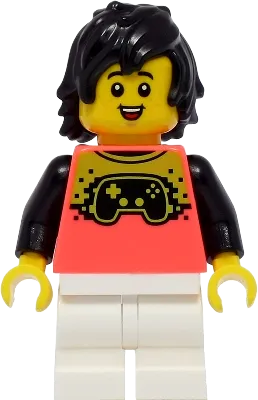 Boy - Coral Shirt with Video Game Controller, White Medium Legs, Black Hair minifigure