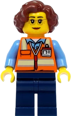 School Bus Driver - Female, Orange Safety Vest with Reflective Stripes, Dark Blue Legs, Reddish Brown Hair minifigure