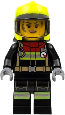 Fire - Female, Black Jacket and Legs with Reflective Stripes and Red Collar, Neon Yellow Fire Helmet, Trans-Brown Visor, Dark Bluish Gray Splotches minifigure