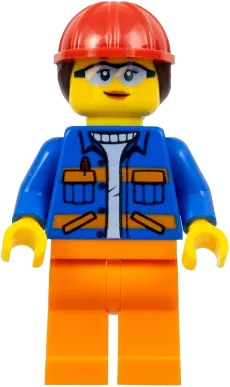 Construction Worker - Female, Blue Jacket with Diagonal Lower Pockets and Orange Stripes, Orange Legs, Red Construction Helmet with Dark Brown Ponytail Hair, Glasses minifigure
