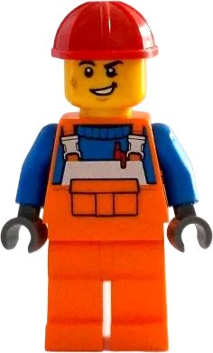 Construction Worker - Male, Orange Overalls with Reflective Stripe and Buckles over Blue Shirt, Orange Legs, Red Construction Helmet, Lopsided Smile minifigure