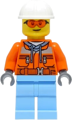 Construction Worker - Male, Orange Safety Jacket, Reflective Stripe, Sand Blue Hoodie, Bright Light Blue Legs, White Construction Helmet, Safety Glasses minifigure