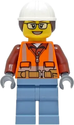 Construction Worker - Female, Orange Safety Vest, Reflective Stripes, Reddish Brown Shirt, Sand Blue Legs, White Construction Helmet with Dark Brown Ponytail Hair, Glasses minifigure
