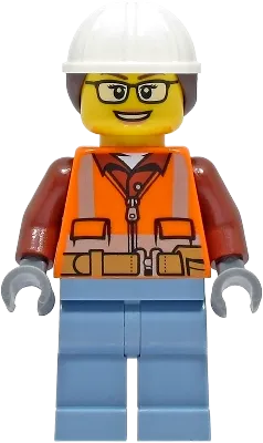 Construction Worker - Female, Orange Safety Vest, Reflective Stripes, Reddish Brown Shirt, Sand Blue Legs, White Construction Helmet with Dark Brown Ponytail Hair, Glasses minifigure