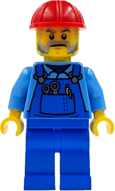 Mechanic - Male, Blue Overalls over Medium Blue Shirt, Blue Legs, Red Construction Helmet, Beard, Back Print minifigure