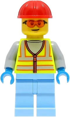 Space Engineer - Male, Neon Yellow Safety Vest, Bright Light Blue Legs, Red Construction Helmet, Safety Glasses minifigure