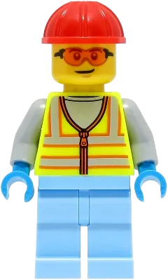 Space Engineer - Male, Neon Yellow Safety Vest, Bright Light Blue Legs, Red Construction Helmet, Safety Glasses minifigure