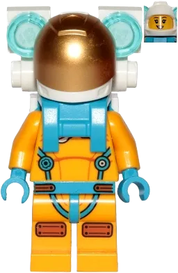 Lunar Research Astronaut - Female, Bright Light Orange and Dark Azure Suit, White Helmet, Metallic Gold Visor, Backpack Lights minifigure