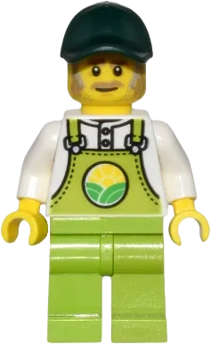Farmer Horace - Lime Overalls over White Shirt, Lime Legs, Dark Green Cap, Dark Tan Moustache and Sideburns minifigure