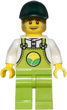 Farmer Horace - Lime Overalls over White Shirt, Lime Legs, Dark Green Cap, Dark Tan Moustache and Sideburns minifigure