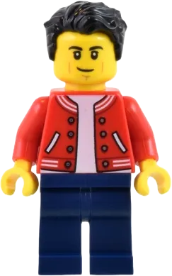 Man - Red Jacket, Dark Blue Legs, Black Hair, Smirk and Cheek Lines minifigure