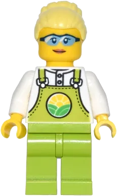 Farmer Peach - Lime Overalls over White Shirt, Lime Legs, Bright Light Yellow High Bun, Glasses minifigure