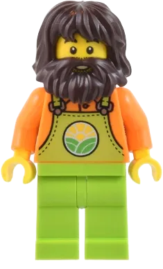 Farmer - Male, Lime Overalls over Orange Shirt, Lime Legs, Dark Brown Shaggy Hair and Beard minifigure