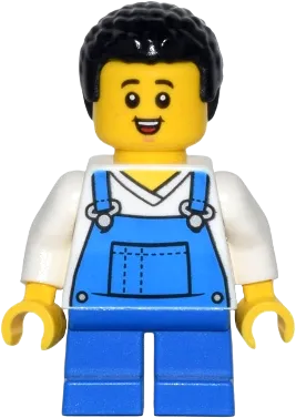 Child - Boy, Blue Overalls over V-Neck Shirt, Blue Short Legs, Black Coiled Hair, Freckles minifigure