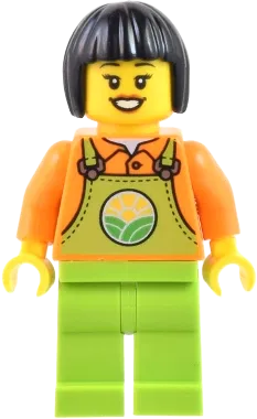 Farmer - Female, Lime Overalls over Orange Shirt, Lime Legs, Black Short Hair minifigure