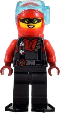 Crook - Female, Red and Pearl Dark Gray Diving Suit, Black Flippers, Red Helmet and Air Tanks, Trans-Light Blue Diver Mask (Betsy Bass) minifigure