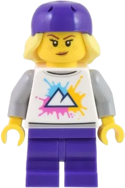Electric Scooter Rider - Female, White Shirt with Mountains Logo, Dark Purple Medium Legs, Dark Purple Bicycle Helmet with Bright Light Yellow Hair, Freckles minifigure