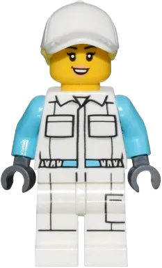 Electric Scooter Attendant - Female, White Jumpsuit with Pockets, White Legs with Pocket, White Cap with Bright Light Yellow Ponytail Hair minifigure