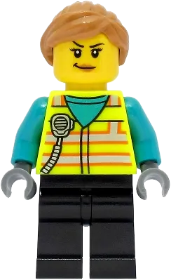 Train Driver - Female, Neon Yellow Safety Vest with Radio, Black Legs, Medium Nougat Ponytail Hair minifigure