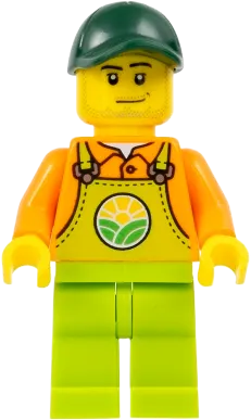 Farmer - Male, Lime Overalls over Orange Shirt, Lime Legs, Dark Green Cap minifigure