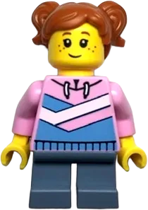 Child - Girl, Bright Pink Hoodie with Medium Blue and White Diagonal Stripes, Sand Blue Short Legs, Dark Orange Hair with Pigtails, Freckles minifigure