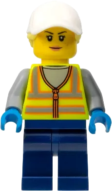 Forklift Driver - Female, Neon Yellow Safety Vest, Dark Blue Legs, White Cap with Bright Light Yellow Ponytail Hair minifigure