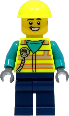 Utility Truck Driver - Male, Neon Yellow Safety Vest with Radio, Dark Blue Legs, Neon Yellow Construction Helmet, Hearing Aid minifigure
