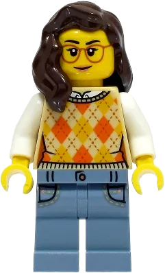Passenger - Female, Tan Knit Argyle Sweater Vest, Sand Blue Legs with Pockets, Dark Brown Hair, Glasses minifigure