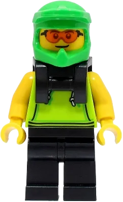 Food Delivery Cyclist - Male, Lime Hoodie, Black Legs, Bright Green Helmet, Neck Bracket, Safety Glasses minifigure