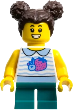 Child - Girl, White Collared Shirt with Fruit, Dark Turquoise Short Legs, Dark Brown Hair with Buns minifigure