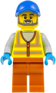 Recycling Worker - Male, Neon Yellow Safety Vest, Dark Orange Legs, Blue Cap minifigure