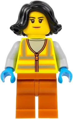 Recycling Worker - Female, Neon Yellow Safety Vest, Dark Orange Legs, Black Hair minifigure