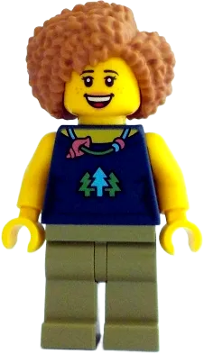 Female - Dark Blue Top with Trees and Necklace, Olive Green Legs, Medium Nougat Hair minifigure