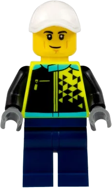 Sports Car Driver - Male, White Cap, Neon Yellow Jacket, Dark Blue Legs minifigure