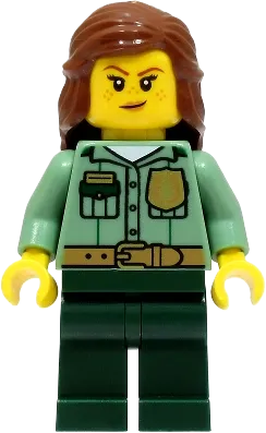 Park Ranger - Female, Sand Green Shirt, Dark Green Legs, Reddish Brown Hair minifigure