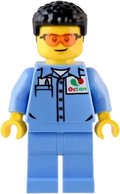 Custom Car Garage Mechanic - Male, Medium Blue Shirt with Octan Logo, Medium Blue Legs, Short Black Hair, Safety Glasses minifigure